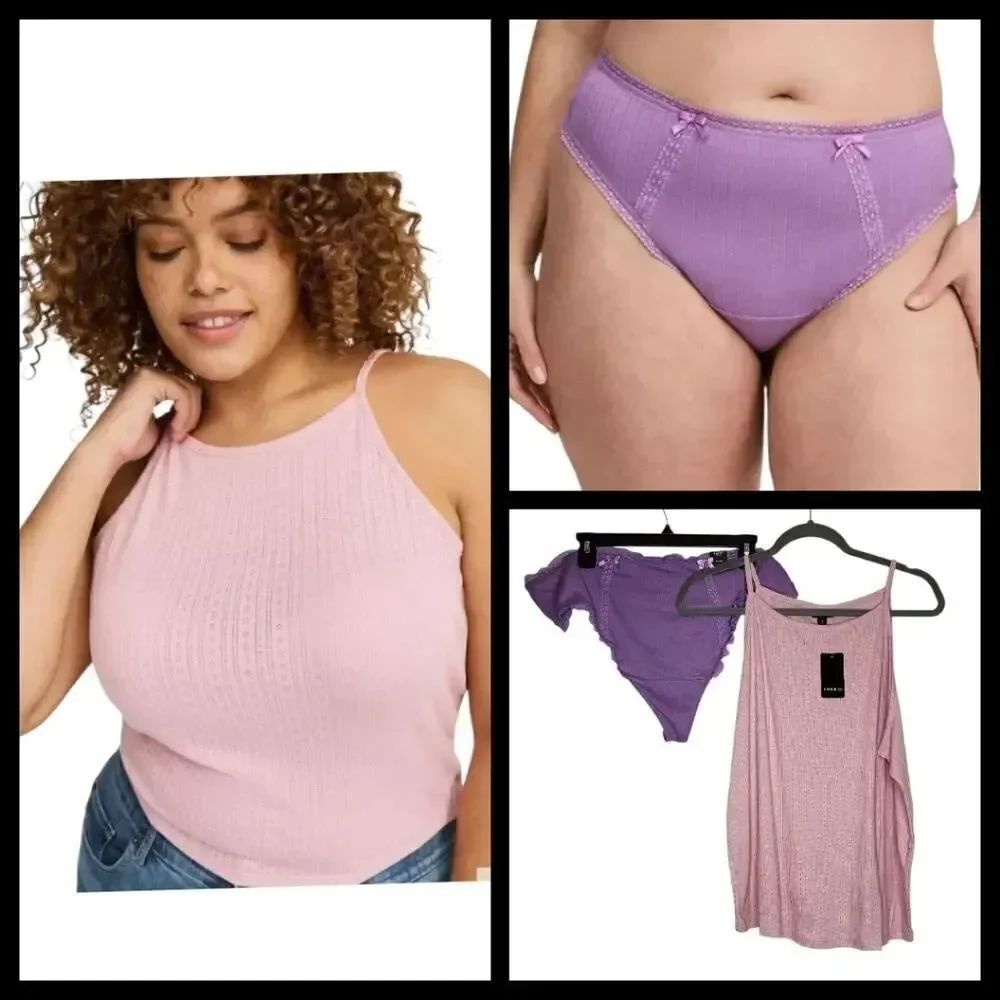 4X 26W Torrid Pink Pointelle High Neck Crop Tank Purple Thong Set Loungewear